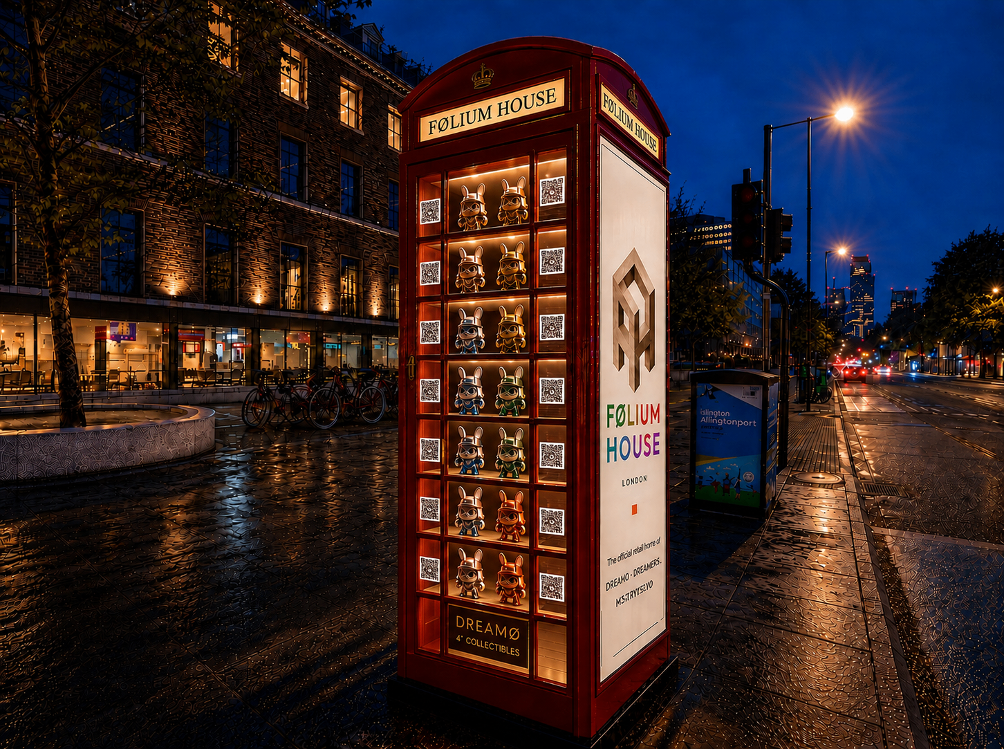 The FØLIUM HOUSE K6 kiosk in daylight on Whitechapel Road, red cast-iron frame and lit figures behind glass