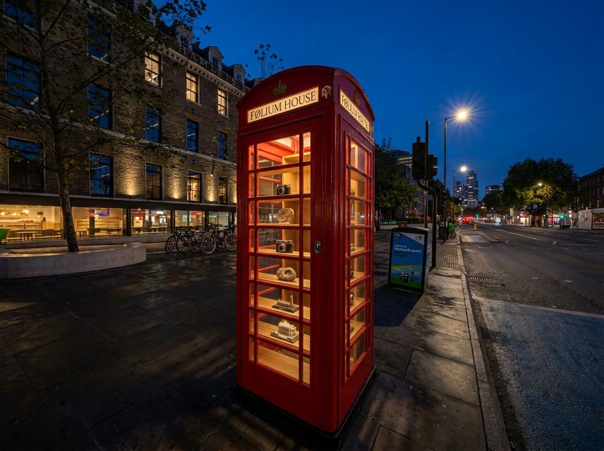 The same Whitechapel K6 kiosk at night, warm light spilling from oak shelves of objects inside